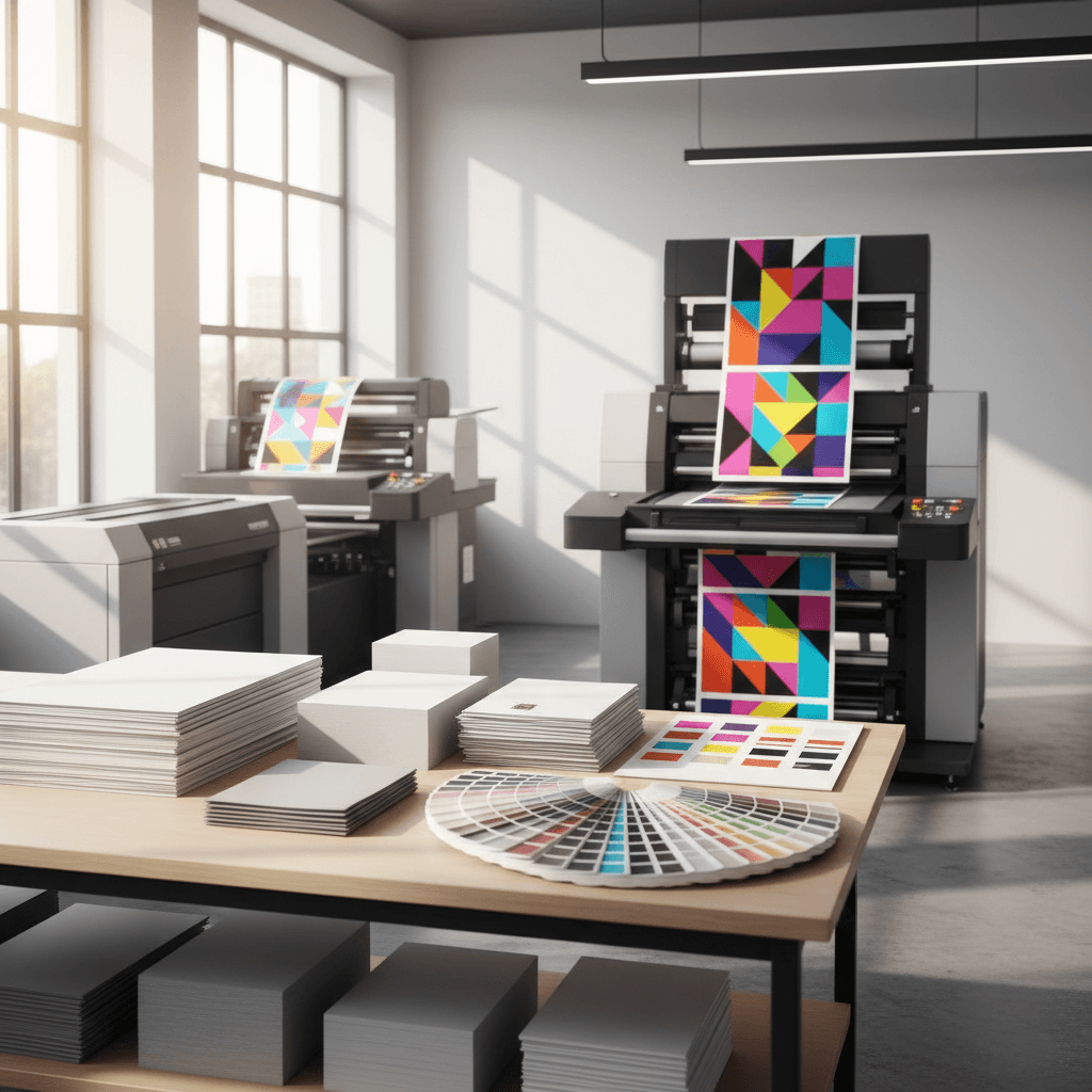 Modern print shop with digital printers producing CMYK prints